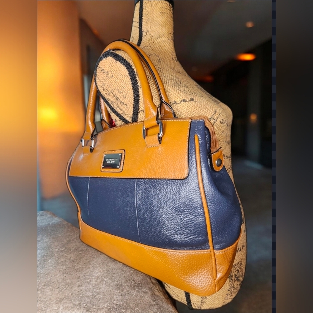 Tignanello Two-Tone Leather Satchet/Shoulder Bag In Blue & Tan - Picture 10 of 14